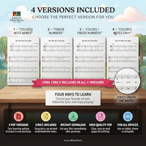 Row Row Row Your Boat Piano Sheet Music for Grade 2 students featuring note names, color coded notation, finger numbers, lyrics, 4 printable PDF versions, and MP3 practice audio. Designed for beginner pianists, this educational digital download offers multiple ways to learn a classic nursery rhyme. Great for kids, teachers, parents, piano lessons, music classrooms, and visual piano learning.