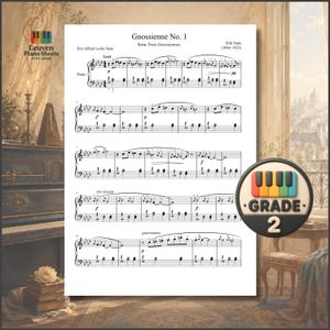 May include: A printed sheet music page for Gnossienne No. 1 by Erik Satie, featuring black musical notation on a white background. The document includes the title, composer name, and a circular badge on the right side displaying a piano key icon and the text Grade 2.