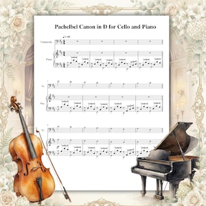 Può includere: Una pagina di spartito intitolata Pachelbel Canon in D for Cello and Piano, che presenta la notazione musicale per entrambi gli strumenti. Il documento è incorniciato da un bordo decorativo di fiori bianchi e include illustrazioni di un violoncello e un pianoforte.