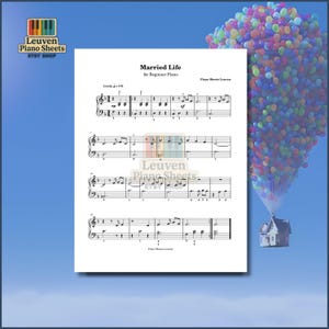 Puede incluir: Una hoja de partitura blanca titulada Married Life for Beginner Piano de Leuven Piano Sheets. El documento presenta notación musical negra, pentagramas y numeración de dedos sobre un fondo blanco con un logotipo en la esquina superior izquierda.