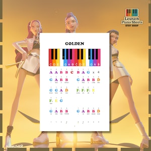 Op de afbeelding: Een digitaal bladmuziekblad voor piano getiteld GOLDEN, met een kleurrijk toetsenborddiagram met gelabelde noten en lettermuzieknotatie in verschillende kleuren, inclusief songteksten zoals I WAS A GHOST en I WAS A LONE HAH.