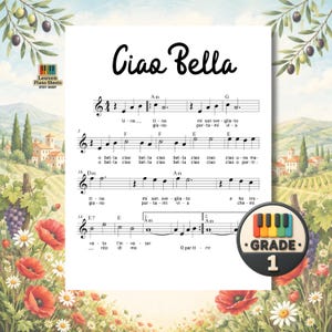 Ciao Bella Sheet Music Grade 1, One-Hand Beginner Piano Arrangement | 4 PDF Versions | Color Notes, Finger Numbers, Lyrics