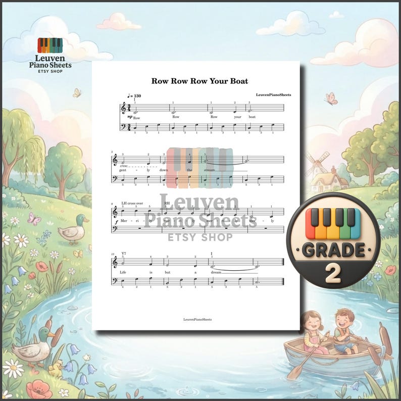 Row Row Row Your Boat easy piano sheet music for Grade 2 players with 4 PDF versions, MP3 audio, color coded notation, note names, finger numbers, and song lyrics. This beginner-friendly arrangement combines traditional piano notation with helpful visual learning aids. Great for piano lessons, daily practice, children's music education, homeschool activities, and young pianists building their repertoire.