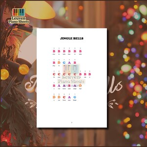 Jingle Bells beginner piano tutorial with letter notes, color coded music notes, finger numbers, lyrics, and an easy-to-follow layout. This printable PDF, MP3, and MP4 bundle is perfect for children, adults, self-taught pianists, and piano teachers looking for a fun and effective way to learn a timeless holiday classic.