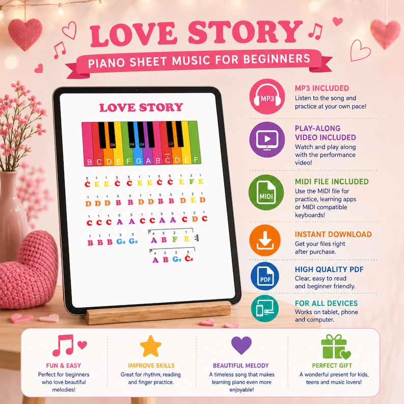 Love Story beginner piano sheet music with instant digital download including PDF, PNG, JPEG, MP3, MP4, and MIDI files. A simplified arrangement created for easy learning and enjoyable practice, ideal for piano students, self-taught musicians, teachers, and anyone searching for printable easy piano sheet music and multimedia piano tutorials for Love Story.