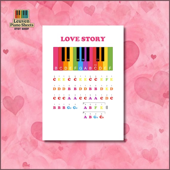 Love Story Easy Arrangement Piano Sheet Music - Beginner Bundle, Color Notes, PDF PNG MP3 MP4 MIDI