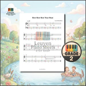 Learn Row Row Row Your Boat with this Grade 2 easy piano sheet music featuring color notes, note names, finger numbers, and lyrics. The digital bundle includes 4 PDF versions plus MP3 practice audio to support different learning styles. Ideal for beginner pianists, children, piano students, teachers, visual learners, and parents searching for printable nursery rhyme piano music.