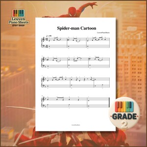 May include: A white sheet of piano music titled Spider-man Cartoon with black musical notation on a staff. The page includes a tempo marking of 190, finger numbering, and the text LeuvenPianoSheets. A circular badge labelled Grade 2 is visible.