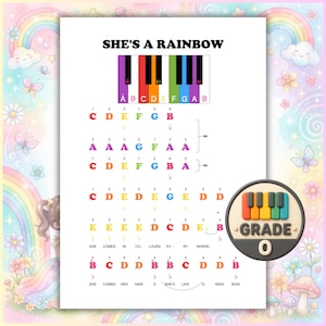 Shes A Rainbow Easy Piano Sheet Music, Grade 0 Beginner, Color Coded Notes - Large Letter Notation, PDF, MP3