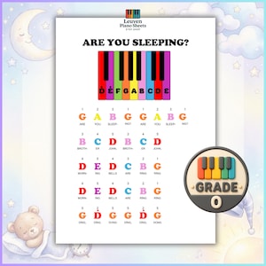 Stai dormendo? Spartiti per pianoforte per principianti con codifica a colori / PDF + MP3 / Livello 0, lettere delle note grandi, guida alla diteggiatura