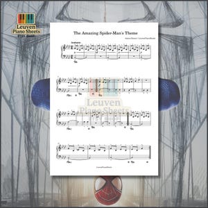 Op de afbeelding: Een geprinte bladmuziekpagina getiteld The Amazing Spider-Man's Theme door James Horner. Het document bevat zwarte muzieknotatie op een witte achtergrond, inclusief viool- en bassleutels, tempomarkeringen en vingerzettingen voor piano.