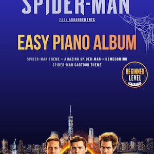May include: A blue Marvel Spider-Man easy piano album book cover featuring three Spider-Man figures in red and blue suits against a city skyline. Text includes Marvel Spider-Man, Easy Arrangements, Easy Piano Album, and Beginner Level with piano icons.