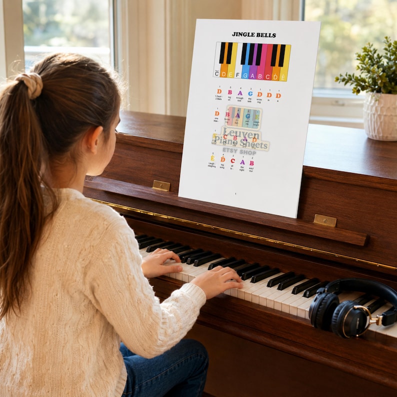 Easy piano guide for Jingle Bells designed with letter names, color coded piano notation, finger numbers, and lyrics to help beginners learn faster. The included PDF sheet, MP3 practice track, and MP4 video tutorial make it easy to follow each note, develop confidence, and enjoy playing this festive Christmas favorite.
