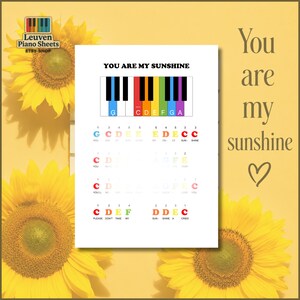 May include: A white sheet of music titled You Are My Sunshine featuring a colorful piano keyboard graphic with labeled notes and corresponding lettered lyrics to guide beginners in playing the melody on a piano or keyboard instrument.