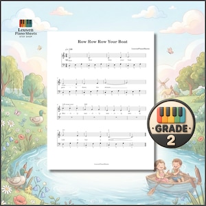 Row Row Row Your, pianonoter för årskurs 2 | 4 PDF-versioner, färgkodade noter, notnamn, MP3-ljud