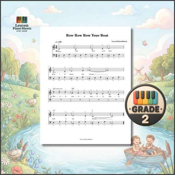 Row Row Row Your, Grade 2 Piano Sheet Music | 4 PDF Versions, Color-Coded Notes, Note Names, MP3 Audio