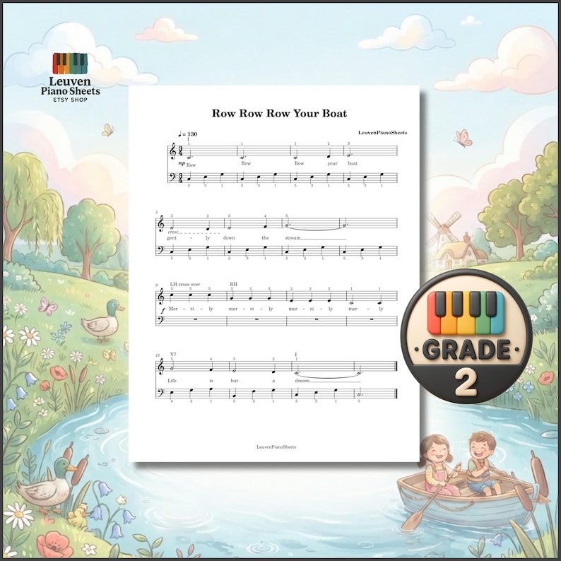 Row Row Row Your Boat Piano Sheet Music Grade 2 featuring 4 printable PDF versions, MP3 practice audio, color coded notes, note names, finger numbers, and lyrics. This easy piano arrangement helps beginner students learn the classic nursery rhyme while developing note reading, rhythm, coordination, and confidence. Perfect for kids, piano teachers, music lessons, homeschool education, and home practice.