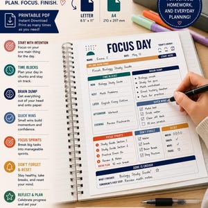May include: A spiral-bound Focus Day planner page featuring sections for intention, time blocks, brain dump, quick wins, focus sprints, and reset tasks. The document includes text fields for name and date, with available sizes of 210 by 297 mm.