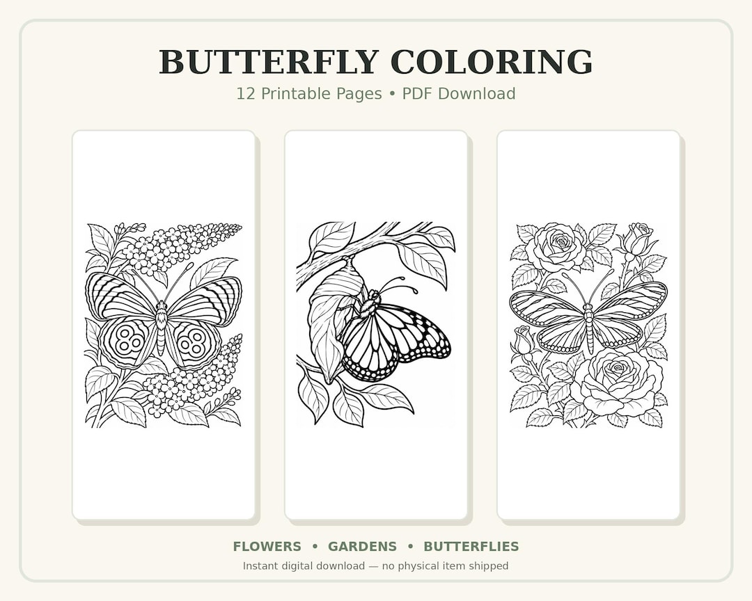 12 Butterfly Coloring Pages Printable PDF Set - Etsy