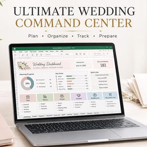 May include: A laptop screen displaying an Ultimate Wedding Command Center Excel spreadsheet. The dashboard features a wedding countdown, planning progress charts, and categorized sections for budget, money, people, and wedding day logistics.