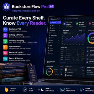 May include: A laptop screen displaying the BookstoreFlow Pro 2.0 dashboard with dark mode interface, featuring sales metrics, inventory status, and reader loyalty data. Beside the laptop are stacked books and a tag reading So Many Books So Little Time.