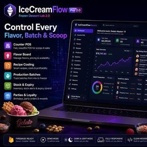 Puede incluir: Un portátil muestra el panel de control IceCreamFlow Pro 2.0 en modo oscuro, con datos de ventas, alertas de inventario y lotes de producción. Junto al portátil hay una taza negra llena de bolas de helado y conos de barquillo.