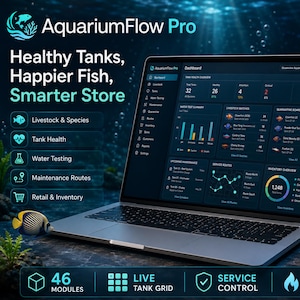Puede incluir: Un ordenador portátil que muestra el software de panel de control AquariumFlow Pro, con una interfaz oscura, gráficos de datos, métricas de salud de acuarios y listas de inventario. La pantalla muestra el texto 46 Modules.