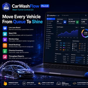 May include: A laptop displaying the CarWashFlow Pro 2.0 SaaS dashboard with dark mode interface, showing metrics like vehicle queues, sales, and active members. The screen features charts, chemical inventory, and booking schedules for car wash management.