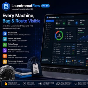 Puede incluir: Un portátil muestra el panel de control LaundromatFlow Pro 2.0 con interfaz oscura, indicando el estado de las máquinas, ingresos y rutas. Junto al portátil hay una bolsa de lavandería azul con una etiqueta Wash & Fold #1047 y toallas dobladas.
