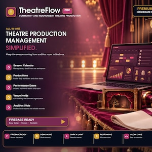 Könnte beinhalten: Eine digitale Dashboard-Oberfläche namens TheatreFlow Pro für die Theaterproduktionsverwaltung. Der Bildschirm zeigt einen Kalender, Diagramme und Kostümsymbole. Ein Miniatur-Bühnenmodell, zwei Tickets und ein Dokument liegen auf einer Fläche.