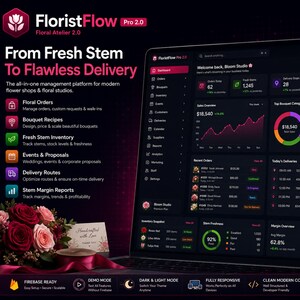 May include: A laptop displaying the FloristFlow Pro 2.0 dashboard, a management platform for floral studios. The screen shows sales data, order lists, and inventory metrics in a dark mode interface. A bouquet of red and pink roses sits nearby.