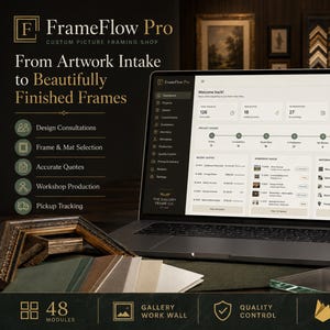 May include: A laptop displaying the FrameFlow Pro dashboard interface, featuring project stages, workshop queues, and material inventory. Beside the laptop are physical picture frame corner samples and a measuring tape with imperial markings.