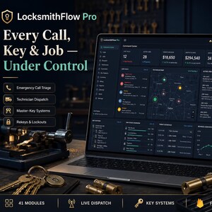 Peut inclure: Un ordinateur portable affichant le tableau de bord LocksmithFlow Pro avec une interface sombre montrant des métriques, une carte et des listes de tâches. À côté se trouvent des clés en laiton, deux cylindres de serrure et un clavier numérique.