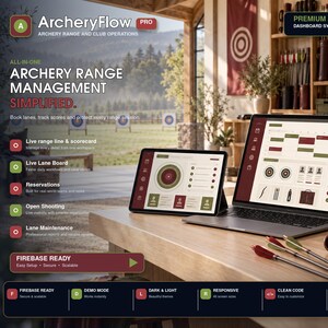 Puede incluir: Un portátil y una tableta que muestran el sistema de panel ArcheryFlow Pro para la gestión de campos de tiro con arco. Las pantallas muestran horarios, tarjetas de puntuación y carriles. Junto a los dispositivos hay tres flechas y un reloj.