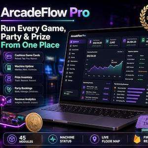 以下が含まれることがあります： ArcadeFlow Proダッシュボードソフトウェアを表示するノートパソコン。収益分析、稼働状況、在庫管理機能が画面に表示され、グラフやゲームリストが並んでいます。手前には金色のトークンと紫色の景品チケットが置かれています。