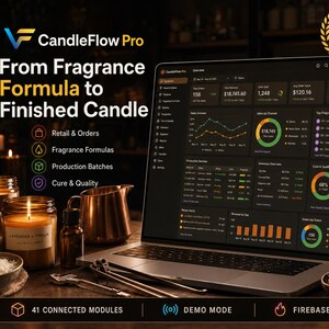 Peut inclure: Un ordinateur portable affichant le tableau de bord CandleFlow Pro, une interface logicielle pour la gestion de la production de bougies. L'écran présente des graphiques, des métriques de vente et l'état des stocks. Texte : 'From Fragrance Formula to Finished Candle'.