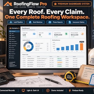 Puede incluir: Un monitor de computadora muestra el panel de control de RoofingFlow Pro con datos de clientes potenciales, trabajos activos e ingresos. El escritorio incluye un casco blanco, una cinta métrica amarilla, un bolígrafo y muestras de techado.