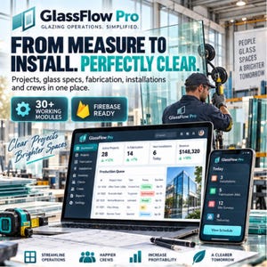 May include: GlassFlow Pro software interface displayed on a laptop and smartphone, showing project management dashboards for glazing operations. The screen features text including From Measure to Install, Perfectly Clear, and 30+ Working Modules.