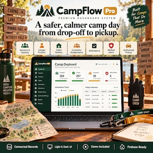 May include: A laptop displaying the CampFlow Pro dashboard system, featuring real-time camp data, attendance trends, and session schedules. Surrounding items include a green water bottle, a walkie-talkie, a camp map, and lanyards labelled Camp Staff.