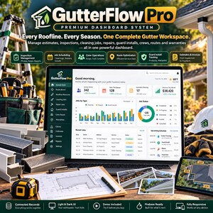 Puede incluir: Un portátil que muestra el software de panel de control GutterFlow Pro, con herramientas de gestión para servicios de canalones. La pantalla muestra estadísticas, horarios y datos de clientes. Una cinta métrica y planos están sobre el escritorio.