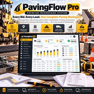 May include: A laptop displaying the PavingFlow Pro dashboard, a software interface for managing paving projects, bids, and load tickets. The screen shows charts, project data, and truck status, surrounded by construction site documents and a pen.