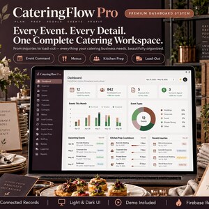 May include: A laptop displaying the CateringFlow Pro dashboard interface, featuring data visualizations, event management tools, and navigation menus. The screen shows metrics for upcoming events, guest counts, and kitchen prep, with a dark-themed UI.