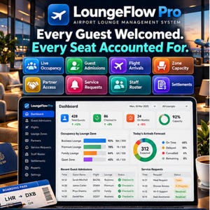 Pode incluir: Um painel digital para o sistema de gestão de salas VIP de aeroporto LoungeFlow Pro exibido numa tela de portátil. A interface mostra dados em tempo real, incluindo ocupação, chegadas de voos e pedidos de serviço, com um cartão de embarque.