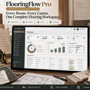 May include: A computer monitor displaying the FlooringFlow Pro dashboard system, featuring project status charts, revenue graphs, and material lists. Beside the screen are carpet samples, a 25' measuring tape, architectural floor plans, and a pen.