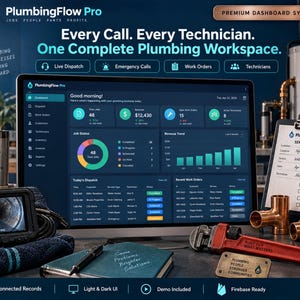 Puede incluir: Un monitor de computadora muestra el software de panel PlumbingFlow Pro con gráficos de estado de trabajo, tendencias de ingresos y órdenes de servicio. Incluye una cámara de inspección de tuberías, un ticket de servicio y llaves de tubo.