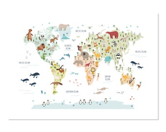 Könnte beinhalten: Eine bunte Weltkarte mit Tierillustrationen, die verschiedene Kontinente repräsentieren. Die Karte enthält die Namen der Ozeane: Pazifik, Atlantik, Arktis, Indischer Ozean und Südlicher Ozean.