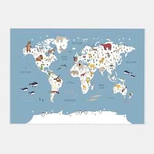 Carte des pays du monde colorée imprimable, carte du monde pour enfants, mot art carte, carte du monde pour chambre d'enfant, décoration de chambre d'enfants, animaux de carte pour enfants