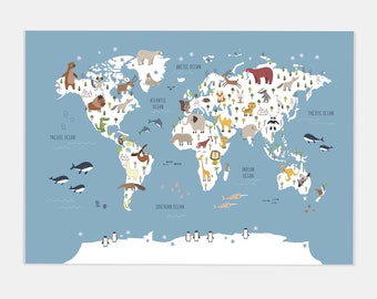 May include: A light blue world map illustration featuring various animals and the names of the oceans. The map includes illustrations of animals such as bears, whales, and penguins. The text "PACIFIC OCEAN", "ATLANTIC OCEAN", "ARCTIC OCEAN", "INDIAN OCEAN", and "SOUTHERN OCEAN" are visible.