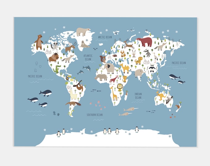Animal World Map Print, Kids World Map Poster, Nursery World Map, Large ...