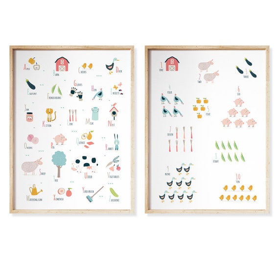 Farm Alphabet Numbers Print Set, Kids Room Decor (Digital Download)